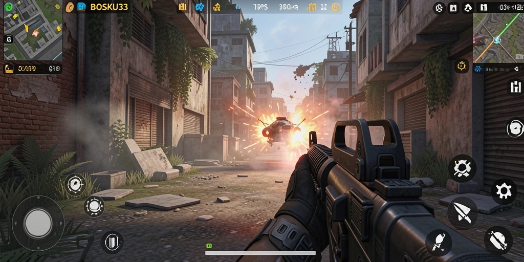 Screenshot utama BOSKU33 menunjukkan pertarungan intens di arena TPS.