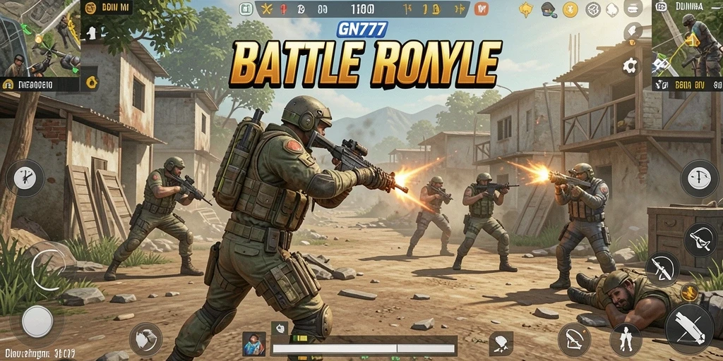 Screenshot menunjukkan aksi intens dalam permainan Battle Royale GN777.