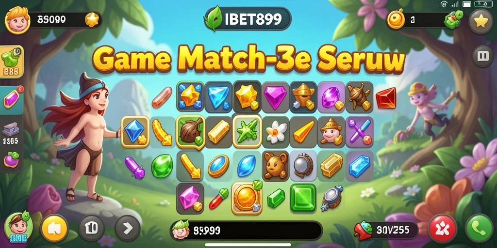 Tampilan seru gameplay IBET899 dengan elemen match-3 yang berwarna-warni.