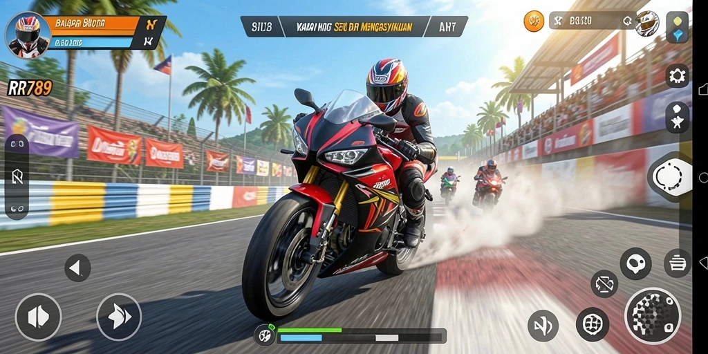 Tampilan gameplay mendebarkan dari balapan motor di RR789.